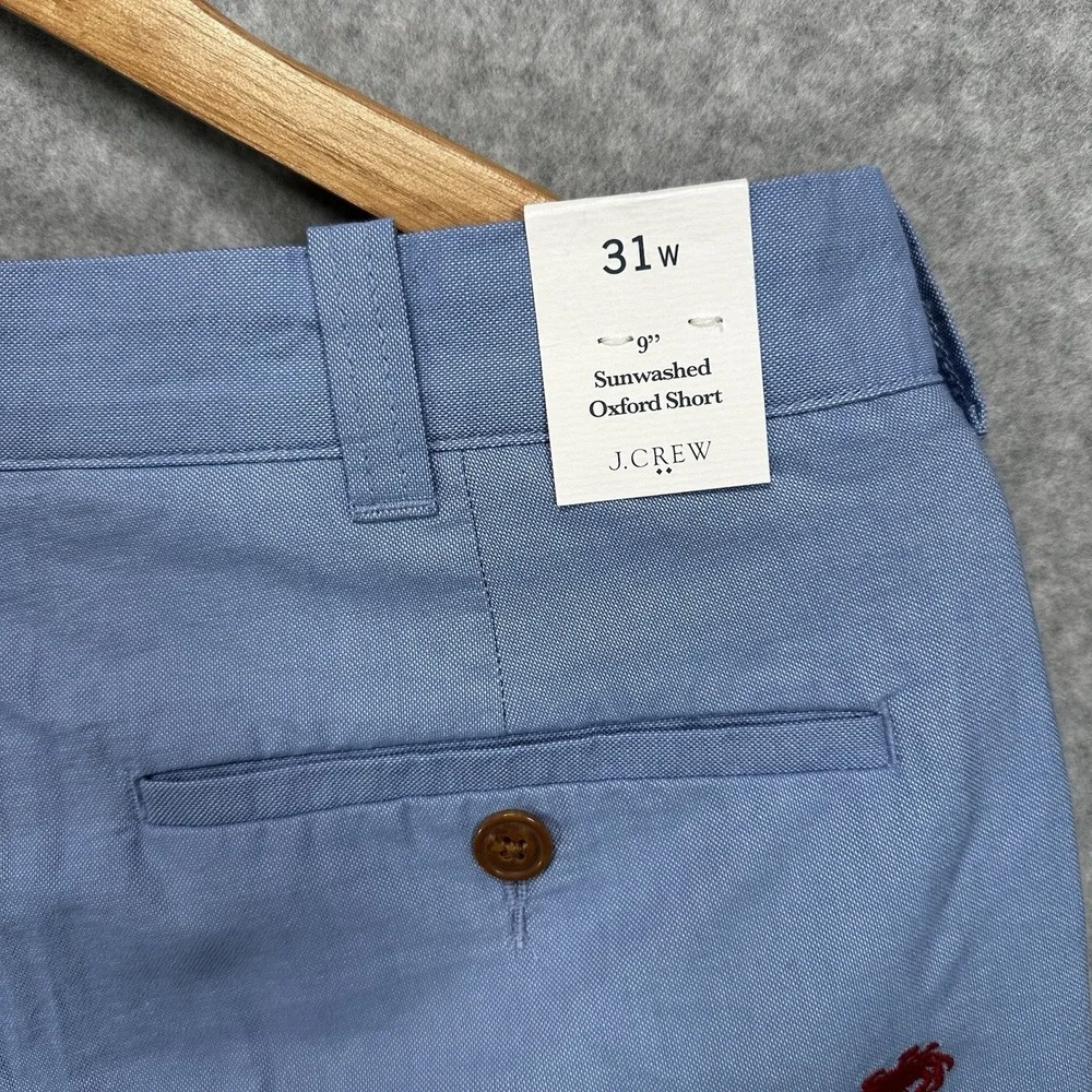 J.Crew Mens Shorts BLUE SUNWASHED OXFORD CLOTH RED CRABS‎ SZ 31 Flat Front New